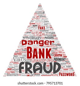 Vector conceptual fraude bancario estafa de pago de peligro triángulo flecha palabra nube aislado fondo. Collage de piratería informática, autenticación falsa de virus, concepto de transacción ilegal o robo de identidad