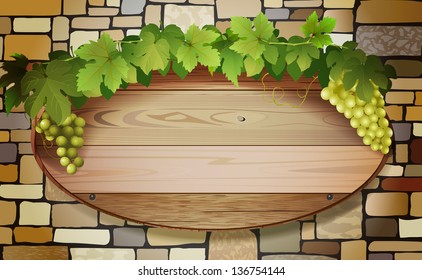 vector conceptual banner with stone wall, wooden board and grapes, eps10 file, gradient mesh and transparency used, raster version available