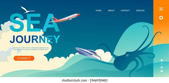 Vector conceptual banner template for home landing page, cartoon seascape horizontal illustration, sea adventure cruise