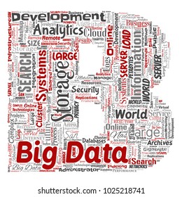 Vector conceptual big data large size storage systems letter font B word cloud isolated background. Collage of search analytics world information, nas development, future internet mobility concept