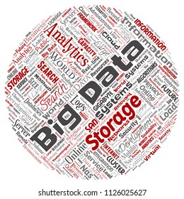 Vector conceptual big data large size storage systems round circle red word cloud isolated background. Collage of search analytics world information, nas development, future internet mobility concept
