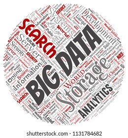 Vector conceptual big data large size storage systems round circle red word cloud isolated background. Collage of search analytics world information, nas development, future internet mobility concept