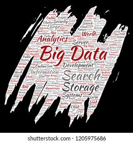 Vector conceptual big data large size storage systems paint brush paper word cloud isolated background. Collage of search analytics world information, nas development, future internet mobility concept