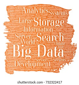 Vector conceptual big data large size storage systems paint brush word cloud isolated background. Collage of search analytics world information, nas development, future internet mobility concept