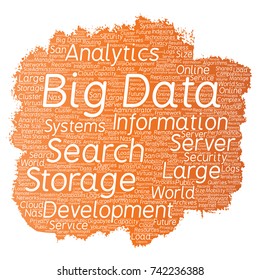 Vector conceptual big data large size storage systems paint brush word cloud isolated background. Collage of search analytics world information, nas development, future internet mobility concept