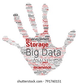 Vector conceptual big data large size storage systems hand print stamp word cloud isolated background. Collage of search analytics world information, nas development, future internet mobility concept