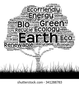 Vector conceptual black ecology text word cloud as tree and grass isolated on white background for nature, ecology, green, energy, natural, life, world, global, protect, environmental, recycling
