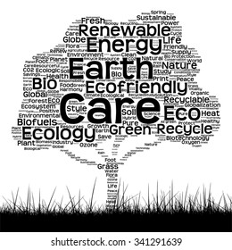 Vector conceptual black ecology text word cloud as tree and grass isolated on white background for nature, ecology, green, energy, natural, life, world, global, protect, environmental, recycling
