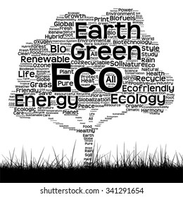 Vector conceptual black ecology text word cloud as tree and grass isolated on white background for nature, ecology, green, energy, natural, life, world, global, protect, environmental, recycling
