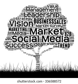Vector conceptual black media tree and grass word cloud on white background as metaphor for business, trend, media, focus, market, value, product, advertising or customer or corporate wordcloud