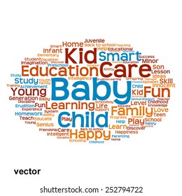 Vector conceptual blue and orange education abstract word cloud on background metaphor to child, family, school, life, learn, knowledge, home, study, teach, educational, achievement, childhood or teen