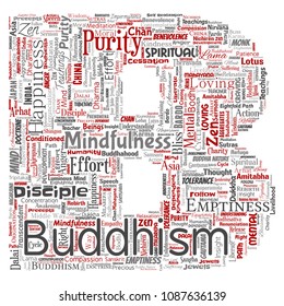 Vector conceptual buddhism, meditation, enlightenment, karma letter font B red word cloud isolated background. Collage of mindfulness, reincarnation, nirvana, emptiness, bodhicitta, happiness concept
