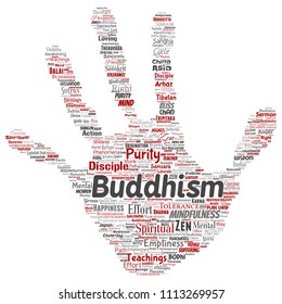 Vector conceptual buddhism, meditation, enlightenment, karma hand print stamp word cloud isolated background. Collage of mindfulness, reincarnation, nirvana, emptiness, bodhicitta, happiness concept
