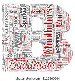 Vector conceptual buddhism, meditation, enlightenment, karma letter font B red word cloud isolated background. Collage of mindfulness, reincarnation, nirvana, emptiness, bodhicitta, happiness concept