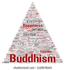 Vector conceptual buddhism, meditation, enlightenment, karma triangle arrow red word cloud isolated background. Collage of mindfulness, reincarnation, nirvana, emptiness, bodhicitta, happiness concept