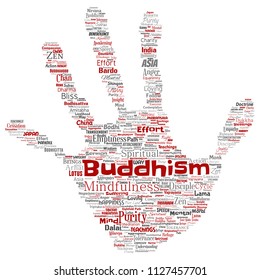 Vector conceptual buddhism, meditation, enlightenment, karma hand print stamp word cloud isolated background. Collage of mindfulness, reincarnation, nirvana, emptiness, bodhicitta, happiness concept
