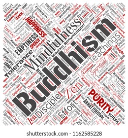 Vector conceptual buddhism, meditation, enlightenment, karma square red word cloud isolated background. Collage of mindfulness, reincarnation, nirvana, emptiness, bodhicitta, happiness concept