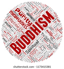 Vector conceptual buddhism, meditation, enlightenment, karma round circle red word cloud isolated background. Collage of mindfulness, reincarnation, nirvana, emptiness, bodhicitta, happiness concept