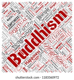 Vector conceptual buddhism, meditation, enlightenment, karma square red word cloud isolated background. Collage of mindfulness, reincarnation, nirvana, emptiness, bodhicitta, happiness concept