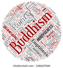 Vector conceptual buddhism, meditation, enlightenment, karma round circle red word cloud isolated background. Collage of mindfulness, reincarnation, nirvana, emptiness, bodhicitta, happiness concept