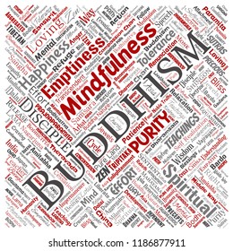 Vector conceptual buddhism, meditation, enlightenment, karma square red word cloud isolated background. Collage of mindfulness, reincarnation, nirvana, emptiness, bodhicitta, happiness concept