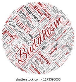 Vector conceptual buddhism, meditation, enlightenment, karma round circle red word cloud isolated background. Collage of mindfulness, reincarnation, nirvana, emptiness, bodhicitta, happiness concept
