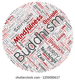 Vector conceptual buddhism, meditation, enlightenment, karma round circle red word cloud isolated background. Collage of mindfulness, reincarnation, nirvana, emptiness, bodhicitta, happiness concept