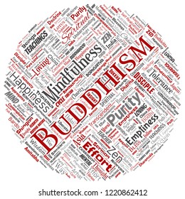 Vector conceptual buddhism, meditation, enlightenment, karma round circle red word cloud isolated background. Collage of mindfulness, reincarnation, nirvana, emptiness, bodhicitta, happiness concept