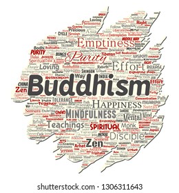 Vector conceptual buddhism, meditation, enlightenment, karma old torn paper word cloud isolated background. Collage of mindfulness, reincarnation, nirvana, emptiness, bodhicitta, happiness concept
