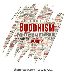 Vector conceptual buddhism, meditation, enlightenment, karma old torn paper word cloud isolated background. Collage of mindfulness, reincarnation, nirvana, emptiness, bodhicitta, happiness concept