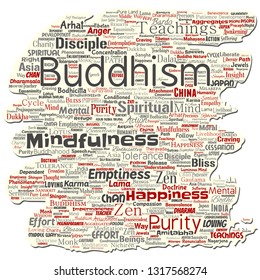 Vector conceptual buddhism, meditation, enlightenment, karma old torn paper word cloud isolated background. Collage of mindfulness, reincarnation, nirvana, emptiness, bodhicitta, happiness concept