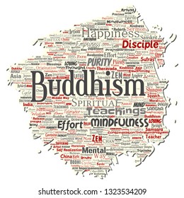 Vector conceptual buddhism, meditation, enlightenment, karma old torn paper word cloud isolated background. Collage of mindfulness, reincarnation, nirvana, emptiness, bodhicitta, happiness concept