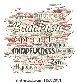 Vector conceptual buddhism, meditation, enlightenment, karma old torn paper word cloud isolated background. Collage of mindfulness, reincarnation, nirvana, emptiness, bodhicitta, happiness concept