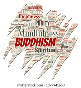 Vector conceptual buddhism, meditation, enlightenment, karma old torn paper word cloud isolated background. Collage of mindfulness, reincarnation, nirvana, emptiness, bodhicitta, happiness concept