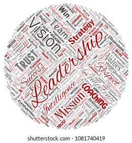 Vector conceptual business leadership strategy, management value round circle red word cloud isolated background. Collage of success, achievement, responsibility, intelligence authority or competence