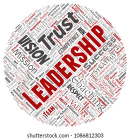 Vector conceptual business leadership strategy, management value round circle red word cloud isolated background. Collage of success, achievement, responsibility, intelligence authority or competence