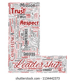 Vector conceptual business leadership strategy, management value letter font L word cloud isolated background. Collage of success, achievement, responsibility, intelligence authority or competence