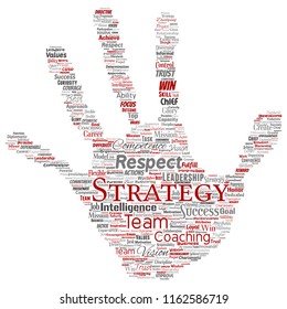 Vector conceptual business leadership strategy, management value hand print stamp word cloud isolated background. Collage of success, achievement, responsibility, intelligence authority or competence