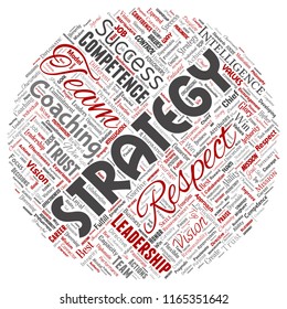 Vector conceptual business leadership strategy, management value round circle red word cloud isolated background. Collage of success, achievement, responsibility, intelligence authority or competence