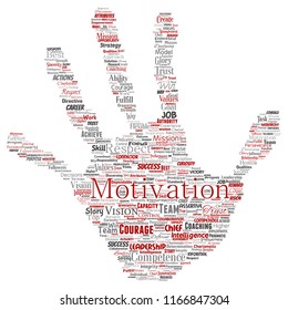 Vector conceptual business leadership strategy, management value hand print stamp word cloud isolated background. Collage of success, achievement, responsibility, intelligence authority or competence