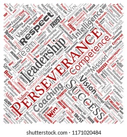 Vector conceptual business leadership strategy, management value square red word cloud isolated background. Collage of success, achievement, responsibility, intelligence authority or competence