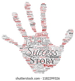 Vector conceptual business leadership strategy, management value hand print stamp word cloud isolated background. Collage of success, achievement, responsibility, intelligence authority or competence
