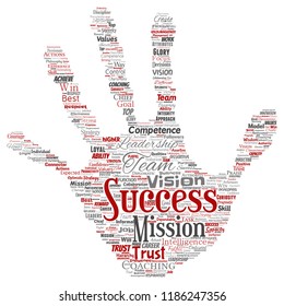 Vector conceptual business leadership strategy, management value hand print stamp word cloud isolated background. Collage of success, achievement, responsibility, intelligence authority or competence