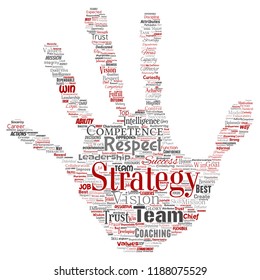 Vector conceptual business leadership strategy, management value hand print stamp word cloud isolated background. Collage of success, achievement, responsibility, intelligence authority or competence