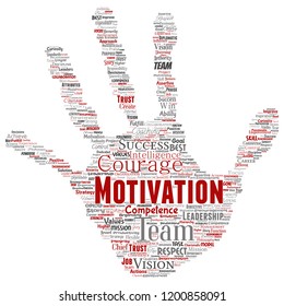 Vector conceptual business leadership strategy, management value hand print stamp word cloud isolated background. Collage of success, achievement, responsibility, intelligence authority or competence