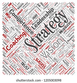 Vector conceptual business leadership strategy, management value square red word cloud isolated background. Collage of success, achievement, responsibility, intelligence authority or competence