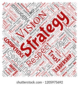 Vector conceptual business leadership strategy, management value square red word cloud isolated background. Collage of success, achievement, responsibility, intelligence authority or competence