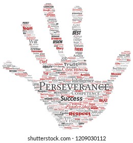 Vector conceptual business leadership strategy, management value hand print stamp word cloud isolated background. Collage of success, achievement, responsibility, intelligence authority or competence