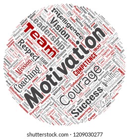 Vector conceptual business leadership strategy, management value round circle red word cloud isolated background. Collage of success, achievement, responsibility, intelligence authority or competence