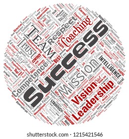 Vector conceptual business leadership strategy, management value round circle red word cloud isolated background. Collage of success, achievement, responsibility, intelligence authority or competence